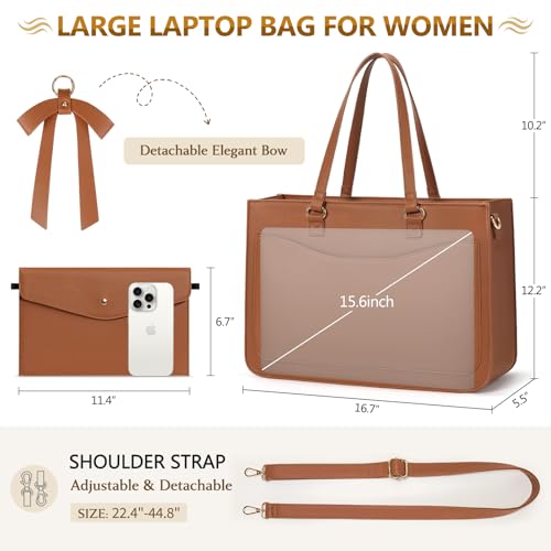 RAINSMORE Laptop Bag for Women 15.6 Inch Work Tote Bags Leather Laptop Tote Waterproof Computer Bag Professional Office Business Briefcase Large Handbag for College Teacher Travel, Brown by RAINSMORE - Image 5