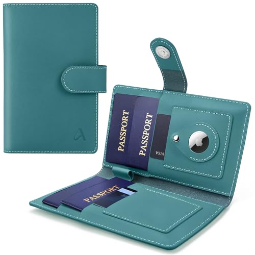ALLIVE Family Passport Holder for Women & Men RFID Blocking Passport Wallet with AirTag Slot Genuine Leather Passport Cover Family Travel Gift & Airport Essentials (Lake Blue)