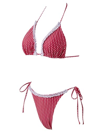 SUUKSESS Women Ruffle Thong Bikini Sets Cheeky Halter String Triangle Two Piece Swimsuit High Cut Bathing Suit (Red White Polka Dots, L) — view 5