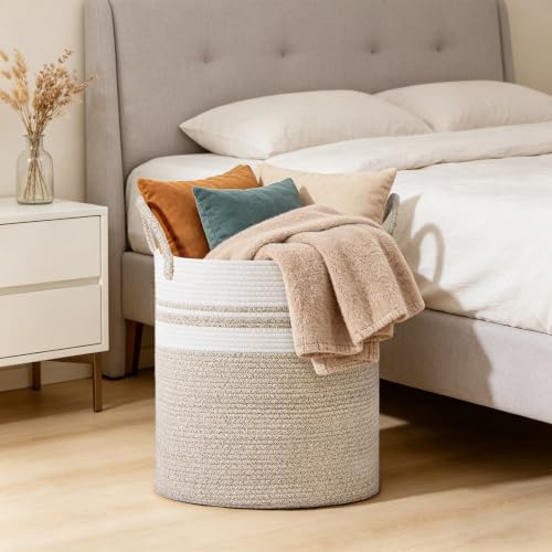 Image of 72L Large Tall Cotton Rope Laundry Basket with Handles, White & Brown