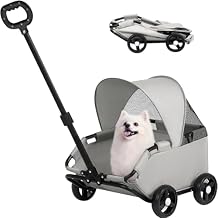 La La Pet 4-Wheel Dog Stroller with Sunshade Cover Collapsible Mesh Canopy Portable Pet Carrier for Outdoor Travel Shopping Walking Suitable for Small Dogs and Cats Gray