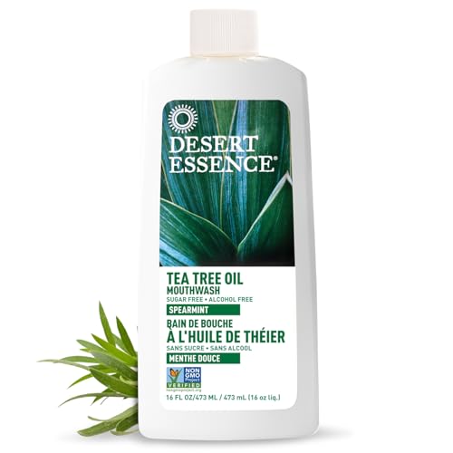 Desert Essence Tea Tree Oil Mouthwash, Spearmint, 16 fl oz - Alcohol Free, Sugar Free, Gluten Free, Vegan, Cruelty Free, Non-GMO - Aloe, Vitamin C & Spearmint Essential Oil - Healthy Teeth & Gums