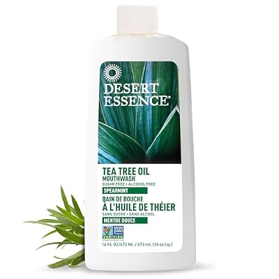 Desert Essence Tea Tree Oil Mouthwash, Spearmint, 16 fl oz - Alcohol Free, Sugar Free, Gluten Free, Vegan, Cruelty Free, Non-GMO - Aloe, Vitamin C & Spearmint Essential Oil - Healthy Teeth & Gums