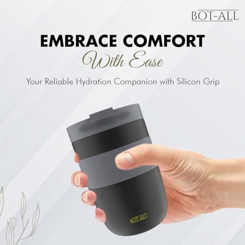 Image of BOT-All Grip Cup Made with Double Wall 304 Stainless Steel, Premium Cup with Silicone Grip, Powder Coating Finish, Keeps Drinks Hot /Cold for 8 /10 Hours, Car Cup Holder Friendly (Black - 250ml)