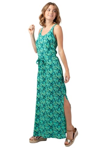 Robe longue fendue imprimé tropical vert qui affine sans serrer