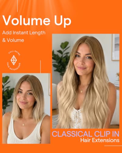 Image of Full Shine Human Hair Extensions Clip ins, Balayage Blonde, 22 Inch | Human Hair Clip in Extensions, Golden Brown Ombre, Remy Hair Extensions, for Fine Hair, for Dinner Outfit, 7 Pcs 120g