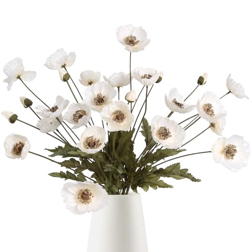 IPOPU Flores Artificiales Blancas de Amapola, 6 Unidades, Flores Artificiales Blancas con Tallos, arreglos Florales de Seda para centros de Mesa de Boda, decoración de Fiesta de Despedida de Soltera
