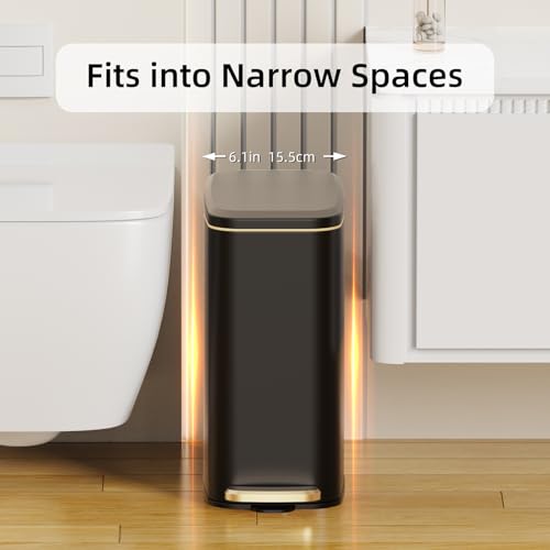 KSSKSS Small Bathroom Trash Can with Lid Soft Close, Step Pedal, 6L / 1.6 Gal Stainless Steel Garbage Bin with Removable Inner Bucket, Slim Wastebasket for Narrow Spaces (Black)