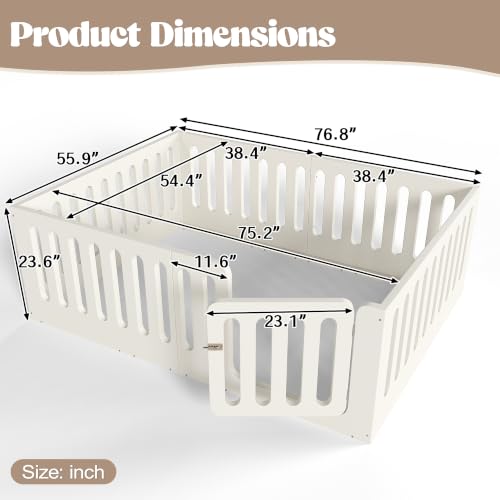 Image of Bellemave Full Montessori Floor Bed Frame,Beige | Solid wood kids montessori floor bed with high safety fence & door, low to ground design for girls and boys