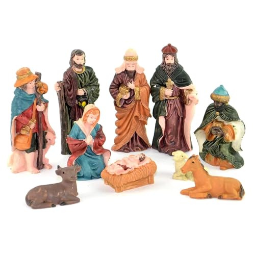 10Pcs Nativity Scene Set - Christmas Crib Manger Jesus Birth Hand Painted Resin Figurine for Stable Sculpture Traditional Xmas Home Decorations