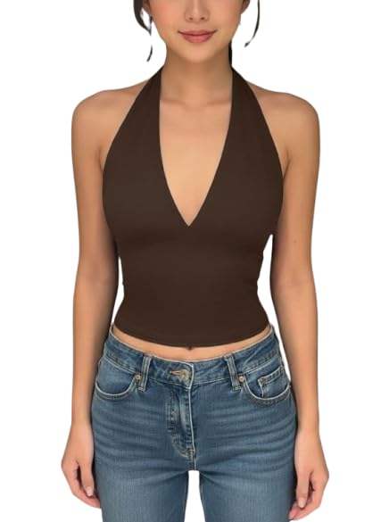 Image of TIVANTE Solid V Neck Sleeveless Crop Top for Women Stylish Western || v Neck Tops for Woman || Halter Neck Tops for Women Stylish