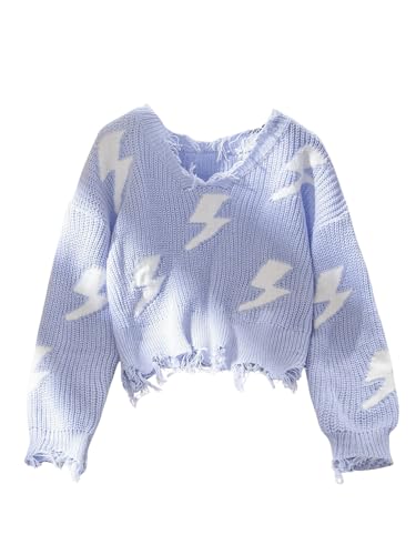 Floerns Girl's Graphic Print Long Sleeve Distressed Hem Pullover Top Raw Hem V Neck Crochet Knit Sweater
