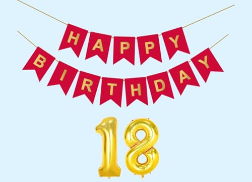 Image of Mystic Toy Store 18th Happy Birthday Decoration Kit Red for 18 year Old Boys Girls Teenage with Number Eighteen Party Decorations Decor Celebration Items Item Set Combo Reusable Paper Banner
