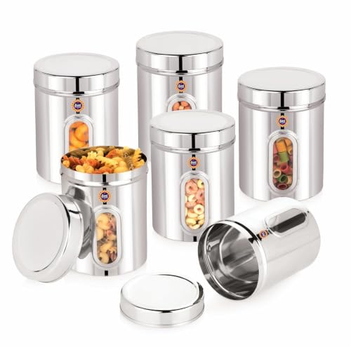 Image of Suvi 2kg Set of 6pcs Stainless Steel Kitchen Containers with See Through Window | Food Storage Dabba | Steel Containers Set | Silver Mirror Finish | Food Grains Capacity - 2kg Approx (2500ml-6pcs)