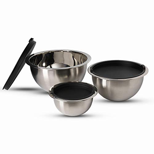 Wolfgang Puck 6-Piece Stainless Steel Mixing Bowl Set with Lids 3 Sizes 1QT 3QT 5QT Oven Safe Easy-Store Nesting Design Dishwasher Safe Mixing Bowls and Lids