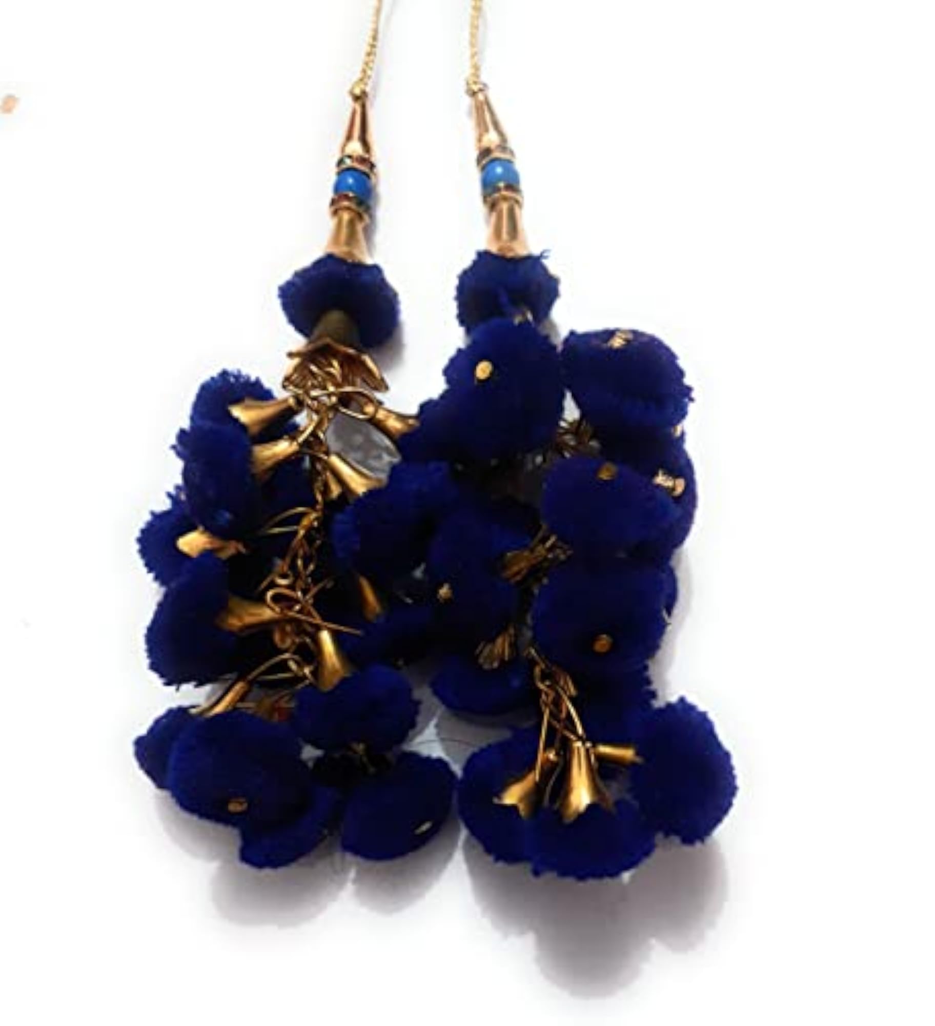 Women's Handmade Ethnic Hanging Latkan Pom Pom Earrings, Blue