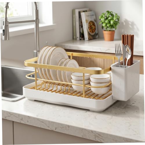 Escurridor de platos de cocina dorado de gran capacidad para mantener tu encimera limpia 4