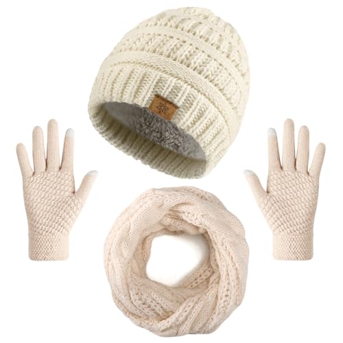 Winter Beanie Hat Scarf Gloves Set, Thick Warm Knit Winter Skull Cap Touch Screen Gloves Neck Scarf for Women Men 3 Beige