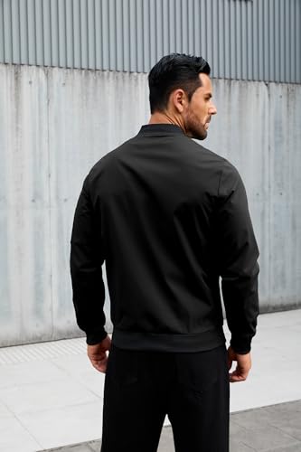 Image of QTE Black Bomber Jacket for Men Lightweight Casual Baseball collar jacket Coat Spring Fall Windbreaker Zip Up Coat with Pocket