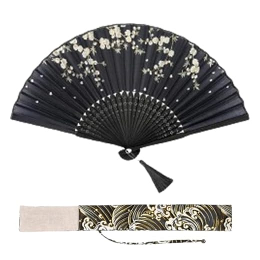 WHYCNJL 1 Pieza Abanico de Mano con Bolsa de Regalo Bolsa Plegable Abanico Floral Chino Abanico de Tela de Bambú Mango Abanico de Pared Boda Fiesta Bailarina Carnaval Flores Blancas