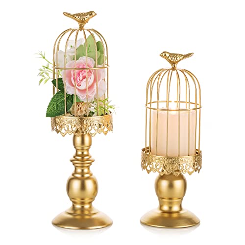 Nuptio Gold Pillar Candle Holder 2 Pcs Bird Cage Lanterns Decor Birdcage Candle Holders Decorative Table Centerpiece Decor for Wedding Party Cafe Christmas Reception Holiday Home Accents