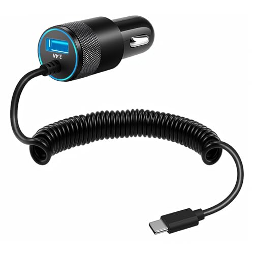 muhogxio - Adaptateur allume-cigare USB C 3,4 A, chargeur de voiture USB, avec câble spirale rapide de 1,2 m, pour iPhone 16/15, Samsung Galaxy S25 Ultra/S24 FE/S23/S22/S21, Google