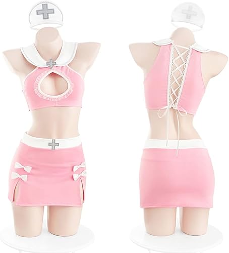 Miniatura 9 de SNOMYRS Conjunto de lencería sexy para mujer, disfraz de enfermera de anime, camiseta corta y minifalda, color rosa