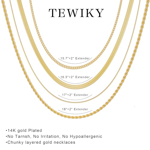 Tewiky Layered Necklaces for Women Non Tarnish- Chunky 14k Gold Plated Herringbone/Snake/Rope/Box/Cuban Link Chain for Women Waterproof Layering Stack Choker Necklace Trendy Dainty Tarnish Free Jewelry Set - Image 5