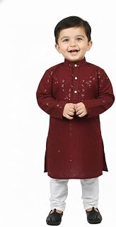 Pohar Creation Boys Navy Blue Kurta Pajama Set with Embellished Details, Traditional Indian Ethnic Wear (Marron, 3-4 Years) Price In India