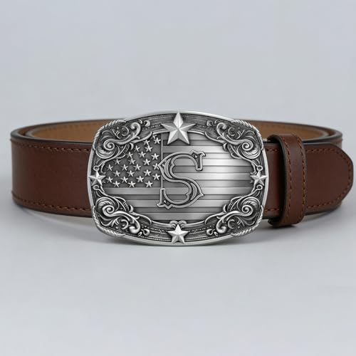 Image of Western Belt Buckle for Men Vintage Cowboy Rodeo Texas Initial Letter ABCDJMR to Z Belt Buckles
