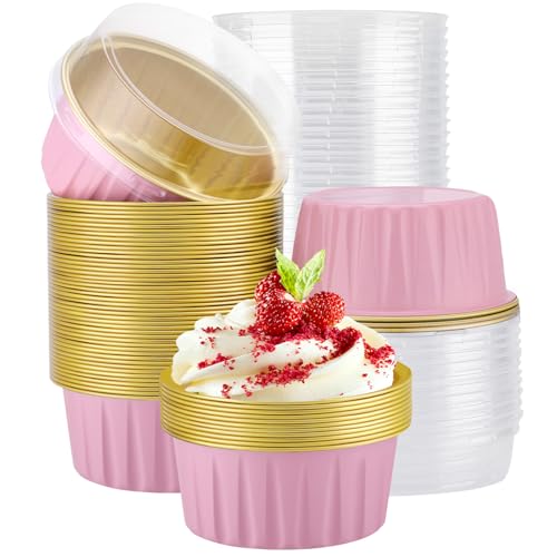 EUSOAR Creme Brulee Ramekins Disposable, 50pcs 5oz Cake Loaf Bread Pans Mini Cake Pans with Lids, Oven Cupcake Liners Small Foil Dessert Containers Baking Cups for Wedding Birthday Party Favor