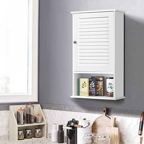 COSTWAY Bathroom Wall Cabinets, Wooden Storage Cupboard with Single Louvered Door, Adjustable Shelves and Open Compartment, Wall Mounted Medicine Cabinet for Living Room Kitchen Entryway (White)