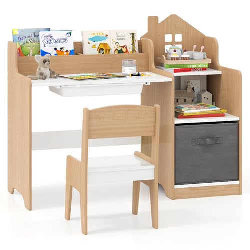Costzon Kids Desk and Chair Set, Wooden Children Multi-Activity Table with Hutch, Bookshelf, Drawer & Fabric Storage Bin, Kids Table and Chair Set for Drawing, Writing, Crafts