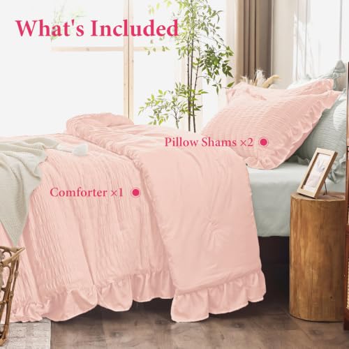 Image of JOLLYVOGUE Blush Pink Full Comforter Set,3pcs Seersucker Comforters Full Size