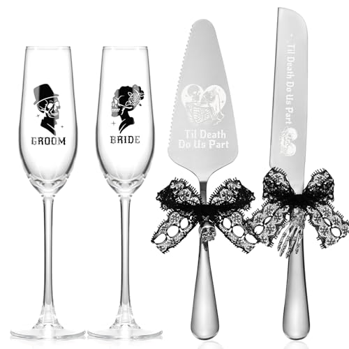 Nefelibata Wedding Cake Servers Set Til Death Do Us Part Sull Bride Groom Cake Cutting Kit Mr. and Mrs. Fork Black Lace Bownot Pendant Gothic Halloween Wedding Gift for Bridal Shower Engagement