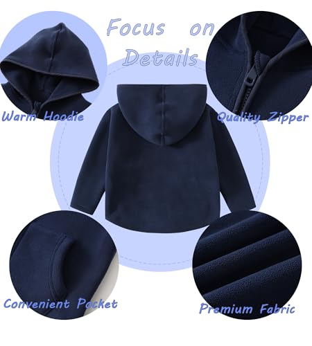 Toddler Boy Fleece Jacket Hooded Zipper Long Sleeve Baby Warm Spring Fall Winter Outerwear Lightweight Kids Coat 1-6 Years 1-2 Years (2T, Navy Blue)3