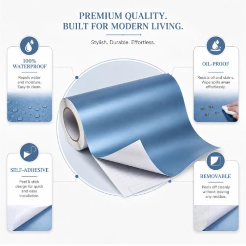 Image of HOME13 Blue Peel and Stick Wallpaper Blue Contact Paper Waterproof Self Adhesive Wallpaper Removable Vinyl Decorative for Desk Countertop Cabinet Kitchen(20x120 Inch)
