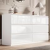 Blisswood White High Gloss Chest of Drawers 6 Drawer Bedroom Storage Cabinet with Metal Runners, Chest for Clothes Storage, Modern Living Room Hallway Nursery Office Furniture (40D x 120W x 77H cm)