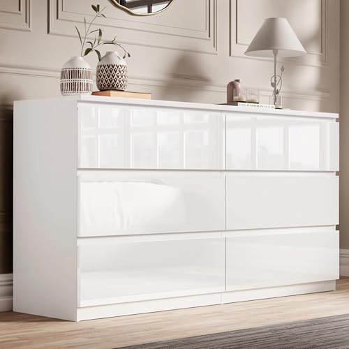 Blisswood White High Gloss Chest of Drawers 6 Drawer Bedroom Storage Cabinet with Metal Runners, Chest for Clothes Storage, Modern Living Room Hallway Nursery Office Furniture (40D x 120W x 77H cm)