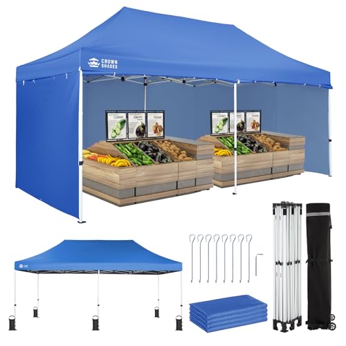 CROWN SHADES 10x20 Pop Up Canopy Tent, Thicken Frame Commercial Heavy Duty Tent, 4 Sidewalls 8 Stakes & 4 Sandbags & 4 Ropes, Outdoor Canopies for Events, Parties, Blue