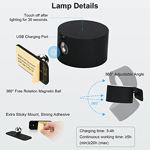 Lightess Led Wall Sconce With Rechargeable Battery Operated Usb Port 3 Color Temp & 3 Brightness 360° Magnetic Rotation, 2 Pack, Touch & Remote Control Cordless Wall Lights For Reading Study Bedside #TOP2