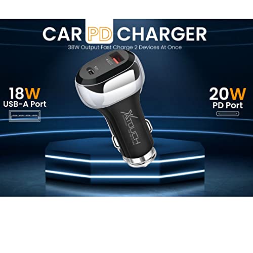 Image of XTOUCH 38W Fast Car Charger Adapter with Dual Output. Quick Charge, Type C PD 20W & Qualcomm Certified 3.0 18W with Type-A to C Cable (Black)
