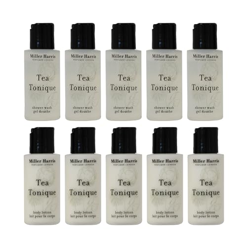 10PC Miller Harris Tea Tonique Travel Set: 5 x 50ml Body Lotion & 5 x 50ml Shower Wash.