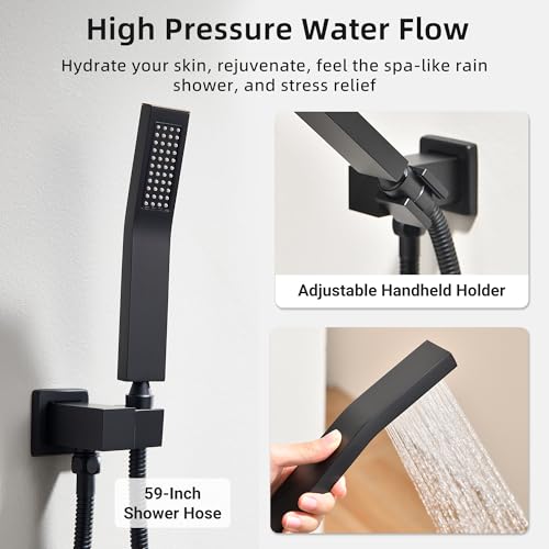 Sistema de duchas duales Dasan en negro mate con ducha de lluvia de 12 pulgadas para techo y ducha de alta presión de 6 pulgadas para pared, juego completo con ducha manual y grifo de 3 funciones miniatura 5