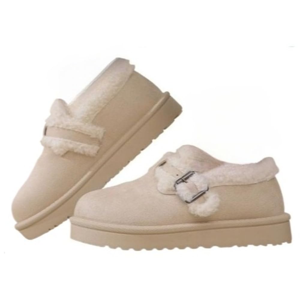 Womens Winter Casual Snow Boots Faux Fur Lined Ankle Booties with Metal Buckle Decoration Platform Slip on Loafers
