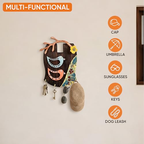 Image of AAKRITI ART CREATIONS Key Holder, Handcrafted Madhubani Fish Design Key Hanger | Rustic Wood Wall Organizer with 5 Hooks | New Home Gifts | Multifunctional Entryway Decor Item