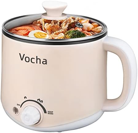 Vocha Electric Hot Pot with Keep Warm Function, 1.6L Non-Stick Electric Skillet, Portable Travel Cooker, Mini Multi-Cooker for Pasta Noodles, Soup, Boiled Eggs, Vegetables, Meat (Beige)