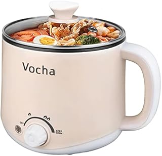 Vocha Electric Hot Pot with Keep Warm Function, 1.6L Non-Stick Electric Skillet, Portable Travel Cooker, Mini Multi-Cooker for Pasta Noodles, Soup, Boiled Eggs, Vegetables, Meat (Beige)