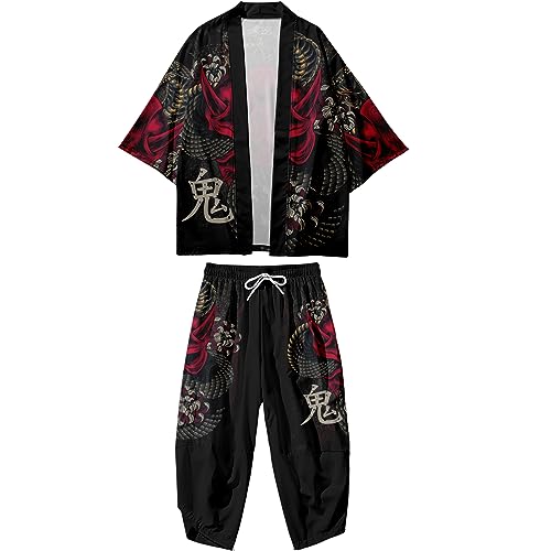 DOSLAVIDA Men's Kimono Cargigan Suits Lightweight 2 Piece Beach Outfits Japanese Open Front 3/4 Sleeve Shirt & Shorts2