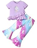 puseky Toddler Baby Girl Clothes 4-5T Bell Bottoms Outfit Unicorn Short Sleeve Ruffle Shirt Flared P